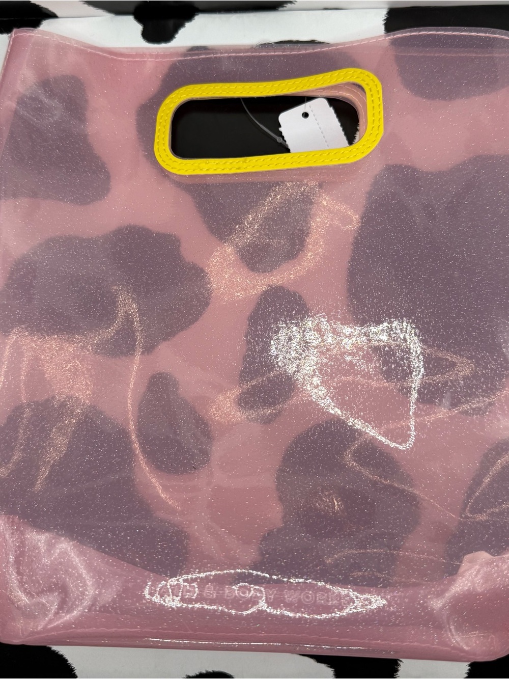BBW Clear Pink Glitter Cosmetic Bag with Yellow Trim-Great for Gifting